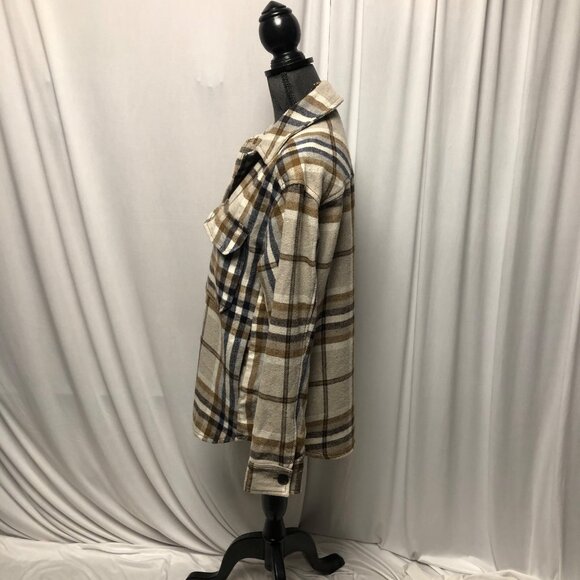 Zara Flannel Shirt Womens Size XS Beige Brown Plaid Button Down Shacket Casual - Picture 3 of 10